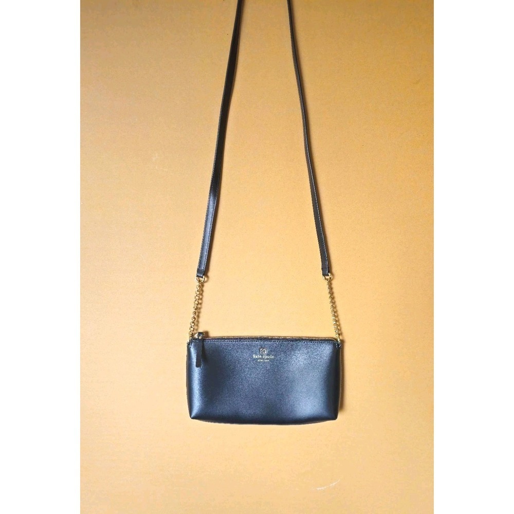 Kate Spade Black Leather Crossbody Bag Small Everyday Zip Gold Minimalist Sleek